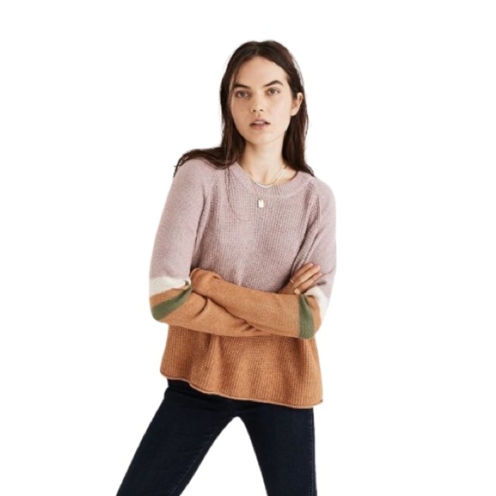 Women's XS Madewell Striped Roll-Trim Waffle Pullover Sweater Cotton-Merino Yarn